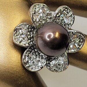 Genuine Brown Pearl and Swaroski Flower Ring Size 6